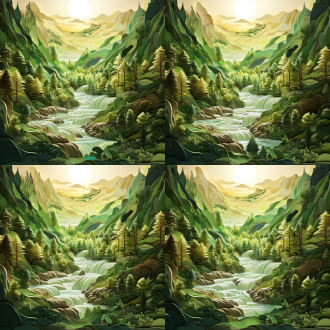 绿色，纸质插画：2，3d浮雕，3k高清，茂密的森林，清澈小溪在山涧蜿蜒，野兽在溪边饮水