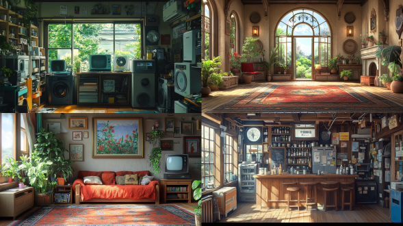 宫崎骏动漫家居风格室内设计，场景真实还原，细节细腻展示，多场景展示，