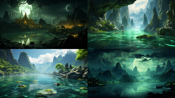 青金山水，细节丰富，广角镜头，流体摄影，传统风格，壮丽景色，电路板效果，发光，中国风，千山万水，3d插图，青金配色，壮丽，雄伟，丰富色彩。