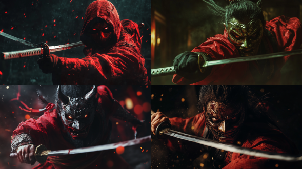 戴面具的鬼武者持剑战斗，黑暗场景，红色服饰，坚毅表情，暗色调，特写镜头，逆光，动态模糊，挥剑，神秘。
