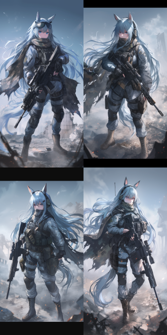 战术风格，马娘，淡蓝色长发，马耳，尾巴，灰色工装长袖，迷彩长裤，战术背心，战术腰带，露指手套，战术护膝，黑色绑腿，棕色军靴，狙击枪，围巾蒙在脸上，破烂迷彩披风，战术背包，专业战术动作，战斗中，雷雨夜，废墟，全身像，插画，动漫风格，二次元画风，电影画质，细节丰富，高分辨率，动态模糊，侧光照明，灰色调，紧张氛围，高对比度，战场，广角镜头，侧光，严肃，警惕，金属质感