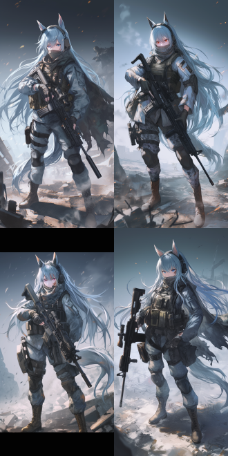 战术风格，马娘，淡蓝色长发，马耳，尾巴，灰色工装长袖，迷彩长裤，战术背心，战术腰带，露指手套，战术护膝，黑色绑腿，棕色军靴，狙击枪，围巾蒙在脸上，破烂迷彩披风，战术背包，专业战术动作，战斗中，雷雨夜，废墟，全身像，插画，动漫风格，二次元画风，电影画质，细节丰富，高分辨率，动态模糊，侧光照明，灰色调，紧张氛围，高对比度，战场，广角镜头，侧光，严肃，警惕，金属质感