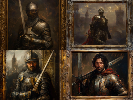 medieval knight holding a longsword,detailed renaissance-era armor,realistic facial expression with chiaroscuro lighting,oil painting texture,leonardo da vinci-inspired composition,misty medieval castle background,warm-toned color palette,hand-painted pigment imperfections,baroque-era gilded frame