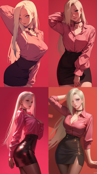 现代风格，火影忍者世界，yamanaka ino，精致妆容，完美身材，女性魅力，粉色衬衫，黑色包臀裙，前卫服饰，大师设计，红色背景，细节丰富，侧光，柔光，hd，