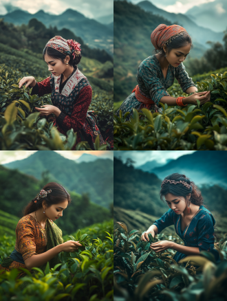 身穿民族服饰头戴发饰女子茶园采茶，远处群山环绕，三分构图，写实风，自然光，长焦镜头，翠绿暖棕色调，专注。