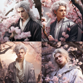 古风美男子白衣摘面具，浅紫长发，桃花飞舞为背景，居中构图，面容平静，柔焦，暖色调，自然光，唯美，淡雅。