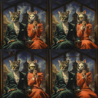 一对夫妻，顶着猫头，男性在抽烟，女性看向他