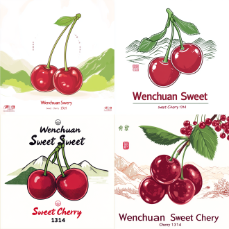 生成一个汶川甜樱桃的logo设计，包含以下元素： - 主体：饱满的深红色樱桃果实，果柄鲜绿，果核小巧； - 背景：简化的川西山脉轮廓，点缀羌族传统纹样； - 文字：“汶川甜樱桃”中英文组合，字体圆润现代； - 风格：扁平化设计，配色以红、绿、白为主，突出自然感； - 附加：融入“1314”数字元素（象征海拔与甜蜜寓意）。