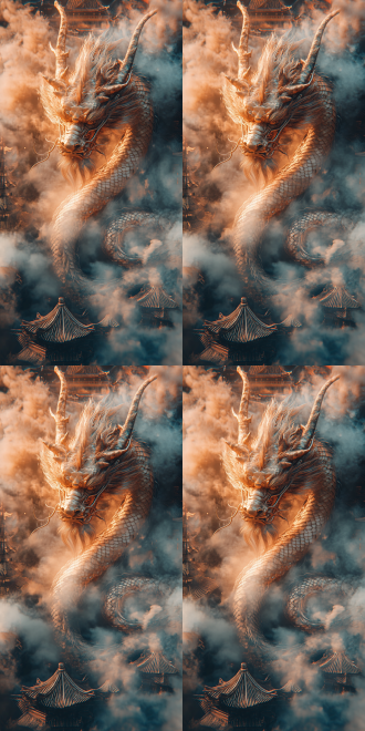 五爪金龙于云端俯瞰城市，武侠风格，龙身鳞片清晰，龙须飘动，天空楼阁，顺光，c4d渲染，2k画质，景深效果，仰视，威严。