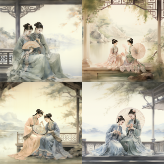 古典风格，两位中国贵妇人手拿丝绸团扇，坐在湖心凉亭乘凉，湖边春意盎然，水墨画，对称构图，华丽服饰，平静表情，柔和光线，中焦镜头，淡雅色调，悠闲。