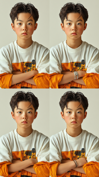 中国15岁男模特的照片，短发，穿着白色短袖，手臂居中，极简风格，干净的背景，在f2和iso400佳能eos r5风格下拍摄，柔和的光线，手戴智能手表，米白色摄影为时尚杂志封面。可爱 活泼