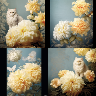 中国风。鹅黄色牡丹，工笔画风格，全景镜头，刺绣质感，手工痕迹，丰富细节，暖色调，精致。花瓣上撒金粉，颗粒感，内发光。花下有一只猫仰视。 英文 chinese style. duck egg yellow peonies, in the style of fine brushwork, panoramic shot, embroidery texture, handcrafted, rich details, warm tones, exquisite. gold powder sprinkled on the petals, granular texture, internally luminous. below the flower, there is a cat looking up in admiration. 参数信息 绘制模型mj5.1(艺术增强) 图片比例9:16 图片尺寸1632 x 2912 单线图