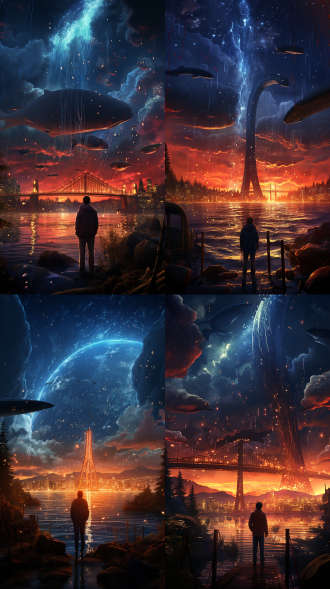 星空里有一只庞大的鲸鱼，下面是灯火璀璨的高楼，画质高清，蓝紫色调。纹理细腻