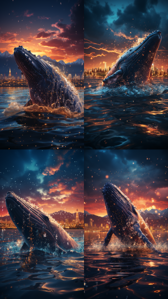 一只巨大的鲸鱼在星空在游动，下面是灯光璀璨的现代化高楼，画质高清，蓝紫色调。纹理细腻