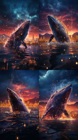 一只巨大的鲸鱼在星空在游动，下面是灯光璀璨的现代化高楼，画质高清，蓝紫色调。纹理细腻