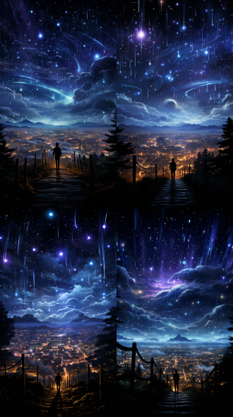 鲸鱼翱翔天际，天空连接着灯火璀璨的都市，梦幻场景，蓝紫色调，逆光，静谧，神秘。