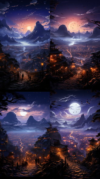 鲸鱼翱翔天际，天空连接着灯火璀璨的都市，梦幻场景，蓝紫色调，逆光，静谧，神秘。