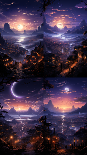 鲸鱼翱翔天际，天空连接着灯火璀璨的都市，梦幻场景，蓝紫色调，逆光，静谧，神秘。