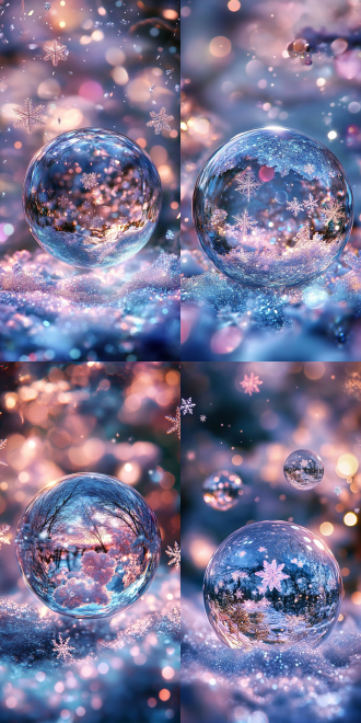 蓝色水晶球，小天使雪花中飞舞，动态渲染，色彩渐变，光影交错，神秘感，细节丰富，微距镜头，柔和光线，冷暖色调对比，梦幻氛围，轻盈动作。