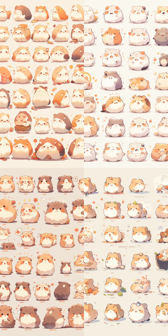 仓鼠，原创emoji风格，小圆脸各种表情，纯色填充纯线插图，特写镜头，高清，柔和光，矢量图，每组24张，可爱卖萌。