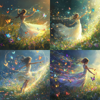 草原上，婷婷少女站立其中，翩翩起舞，指尖流转，流光溢彩的蝴蝶停留字少女的指尖，蝴蝶煽动翅膀划过道道流光，少女脚下鲜花盛开，光线明亮，高清晰度视图