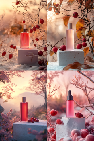 玫瑰果主题精华液，1盒长方形玫瑰盒子放置在白色石头上，盒子旁边少量玫瑰果点缀，朦胧浅浅粉色山水夕阳风光作背景，简约森系，层次丰富，电影效果，氛围光，110毫米镜头，8k，高分辨率，艺术摄影风格