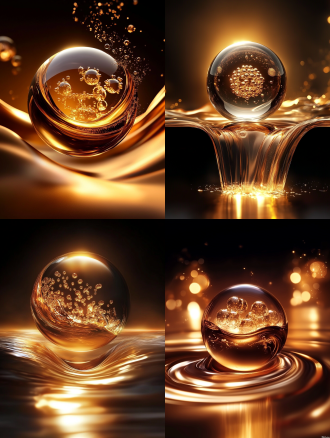 在深邃的暗金色背景中，一颗透明球体散发着神秘光晕。球内金色气泡环绕着形似染色体的结构，仿佛蕴含着生命的奥秘。球体下方，流动的金色液体与光斑交相辉映，宛如微观世界的奇妙能量场 。