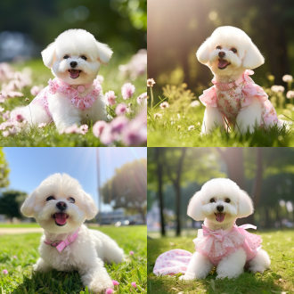 一只白的的比熊犬，可爱萌宠，穿着粉裙子，在草地上，阳光明媚