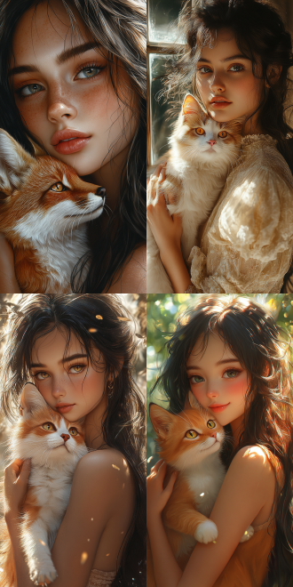 少女抱狸猫低头，穆夏风格，柔和阳光，特写，清澈大眼，黑色长发，修长四肢，纤细手指，暖色调，宁静。