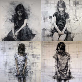 由随机的潦草线条构成的年轻女孩的造型，抽象表现主义，无彩色纯线条构成。整体氛围迷乱、又有秩序感，体现女孩内心的复杂情绪。