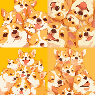 q版柯基群像特写，纯色填充简约设计，无背景透明背景，超高清超高分辨率，正面视角，暖色系，柔和光线，可爱。
