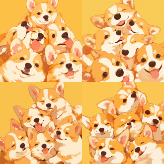 q版柯基群像特写，纯色填充简约设计，无背景透明背景，超高清超高分辨率，正面视角，暖色系，柔和光线，可爱。