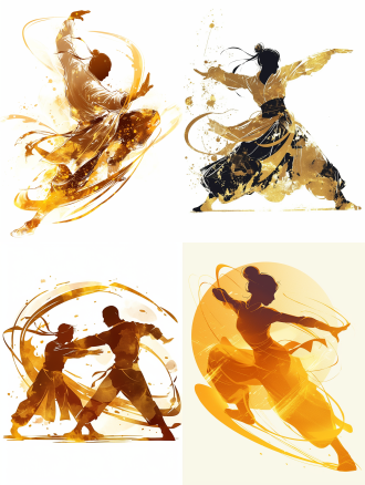 太极拳乱打剪影，白色背景，金色点线纹，线条清晰，插画风格，柔和背景光，动态空间关系，超高清，8k分辨率，艺术美感，视觉冲击力。