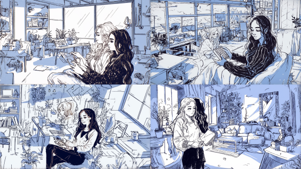 女生拿着电子产品，分镜展示颜色和时间变化，像素风格，冷色调，特写镜头，顶光，静止，科技元素，相似。