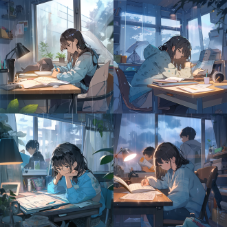 动漫人物房间里在安静的写作业，外面下着雨