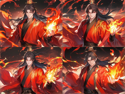 an ancient young man, 20 years old, with sharp eyebrows, bright eyes, and distinct facial features. his gaze carries a hint of anger. his dark red long hair is fastened with a black ribbon. he wears a fire-red robe, with both hands gathering bright red flames.