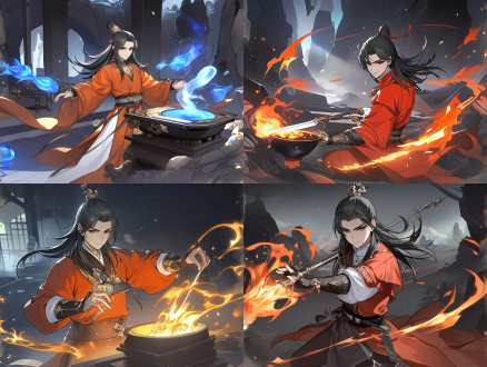 this is a 2d anime-style illustration with a xianxia fantasy theme，红衣少年正在使用炼丹炉炼制丹药 洞穴 主观视角 远景透视 古代中式 八卦