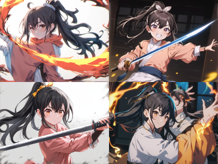 一名俏皮少女，鹅蛋脸型，桃花眼，大眼睛，双眼皮，目光闪着星星，樱桃嘴，长发既要扎成高马尾，身穿粉衣锦袍披轻纱，正在舞一柄中式古剑，古风仙侠，2d动漫 腰部以上 七分身 半身