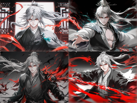 the setting evokes the mystical elegance of classical chinese fantasy, depicted in a 2d anime style。仙侠帅气男子，一头银白色长发随风舞动，身量修长，他周身桃红剑气弥漫。 腰部以上 七分身 半身