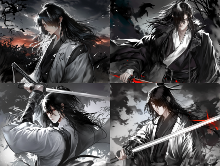 the setting evokes the mystical elegance of classical chinese fantasy, depicted in a 2d anime style。 a carefree young man with sharp brows, a round face, and flowing long hair. dressed in white robes, he wields a longsword, sword energy streaking like a rainbow, his presence magnificent. 全身 七分身 超广角 侧身 山脉 草地 杂草丛生