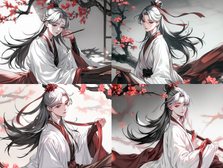 the setting evokes the mystical elegance of classical chinese fantasy, depicted in a 2d anime style。the flower fairy, with a face like a blooming flower and long, silky hair adorned with blooming blossoms. 七分身 超广角 侧身 古代中式 腰部以上