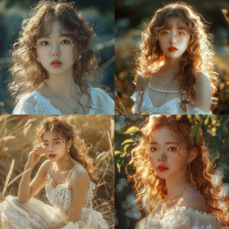 中国女孩，金色卷发，戴眼镜，圆脸，全身，优雅，身材饱满高挑，白色吊带，脸部细节，摄影写真，智慧气质，真实，电影，美丽大方，美人痣，超清渲染，照片写实风格