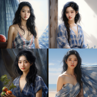 东方美女，中国女孩，黑色头发，瓜子脸脸，上半身，优雅，身材饱满，蓝色格子吊带，脸部细节，摄影写真，真实，电影，美丽大方，超清渲染，照片写实风格