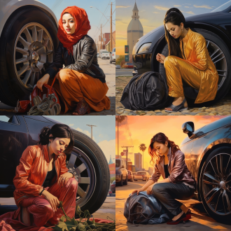 一个美丽的东方女人，在城市路边，给一辆跑车轮胎充气，