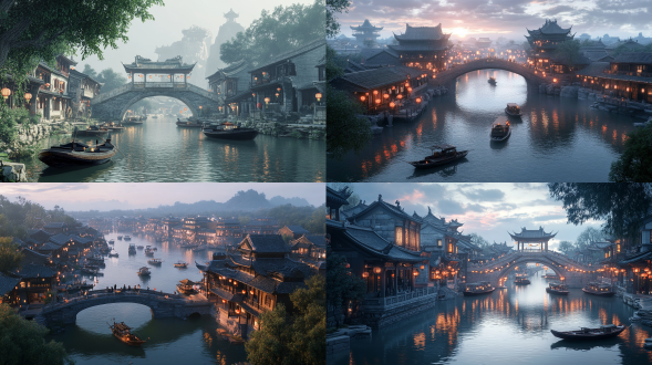 三国时期建筑，石桥横框两岸，建筑挂满灯笼，中国式节日喜庆氛围，湖中有船，cg写实渲染，超高清画质，8k，全景拍摄，超广角镜头，清晰细腻。