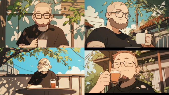 一个戴方眼镜络腮胡光头男人 在院子 在树下 喝咖啡特写 室外 咖啡桌 干净背景 柔和光线 暖色调 简笔风 悠闲放松 头部特写 正视