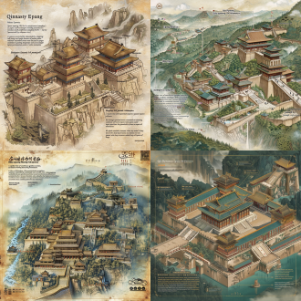 请绘制阿房宫图（不需要在图像上标注文字！） 1. 地理布局（中英对照+视觉定位） "qin dynasty epang palace spanning 100 kilometers（秦制三百里宫殿群）, aerial view of continuous golden rooftops winding through mountains（骊山建筑群鸟瞰）, palaces connected by zigzagging elevated corridors（复道行空）, lishan mountain foothills with stepped architecture（依山而建的阶梯式建筑）, wei river with floating makeup residues（渭水漂浮胭脂状油层）, morning mist between pavilions（晨雾笼罩楼阁）" 2. 建筑特征（材质+结构+装饰） "architectural details: carved dragon columns with gold leaf（盘龙金柱贴金）, turquoise-glazed roof tiles（琉璃瓦）, white jade balustrades carved with phoenix patterns（凤纹白玉栏）, bronze crane statues emitting incense smoke（青铜鹤形香炉生烟）, hexagonal window lattices（六角形窗格）, floating walkways with crimson railings（朱红栏杆空中走廊）, staggered eaves casting sharp shadows（飞檐锐影）" 3. 动态元素（物理模拟+光学效果） "dynamic elements: silk curtains billowing in wind（绢帘风动）, chariot tracks on wet stone path（宫车湿痕）, cosmetic powder floating on water surface（水面脂粉漂浮）, lightning illuminating burning spice smoke（闪电照亮燃烧香料烟雾）, dancers' semi-transparent sleeves in motion（半透明舞袖动态模糊）, collapsing jade ornaments（跌落碎裂的玉饰）" 4. 色彩系统（潘通色号+材质描述） "color scheme: pantone 16-1443（鎏金） + 18-5610（青绿） + 14-4511（天青）, mother-of-pearl inlay effects（螺钿镶嵌效果）, mercury-like metallic reflections（水银质感反光）, oxidized bronze patina（青铜氧化层）, translucent layered silk（多层透明绢帛）" 5. 构图逻辑（摄影术语+透视法则） "composition: multi-focus scroll painting（散点透视长卷）, 30% foreground with broken bronze vessels（前景青铜器残片）, 60% midground palace complex（中景宫殿群）, 10% background burning mountains（背景燃烧山峦）, dutch angle for dramatic tension（倾斜构图张力）, depth fog with golden particles（金色粒子雾效）" 6. 隐喻符号（视觉双关设计） "symbolic elements: glowing cracks under marble floors（地砖裂缝透光）, melting gold decorations（融化的金饰）, charred scroll fragments in water（水中焦黑竹简）, reflection showing collapsing palace（倒影中的崩塌宫殿）, crow-shaped shadow clusters（乌鸦状阴影群集）" 7. 绘画风格（特定画家+技法） "art style: li sixun's blue-green landscape（李思训青绿山水） + zhao boju's architectural precision（赵伯驹界画技法） + digital matte painting（数字遮罩绘画）, silk texture overlay（绢本肌理叠加）, mineral pigment crystallization（矿物颜料结晶效果）" 地理水文系统（双河动态） "two serpentine rivers converging at palace walls（双龙形河道交汇宫墙）, crystal-clear water with floating pearlescent foam（珍珠母色泡沫）, riverbed paved with bronze mirrors（河底青铜镜铺就）, stone arch bridge mimicking dragon spine（龙脊状石拱桥）, bridge piers carved as clawed feet（桥墩龙爪雕刻）, rainbow-hued mist above arched corridors（复道虹色雾气）" 建筑超现实表现（空间悖论） "impossible architecture: floating corridors intersecting at 45°（45度交叉悬浮走廊）, inverted pagodas reflected in ponds（倒影生成倒立楼阁）, telescoping towers piercing clouds（穿云伸缩式塔楼）, 1000 layered gates extending to horizon（千重门延伸至地平线）, vibrating curtains creating thermal distortion（帷幔热浪扭曲空间）" 气候分区可视化（光学把戏） "microclimate zones: golden sunlight beam on singing platform（歌台聚光灯效应）, blue-tinted blizzard around dance hall（舞殿暴风雪色罩）, floating cherry blossoms in spring section（春日区悬浮樱花）, autumn maple leaves burning in mid-air（秋日区枫叶自燃）, real-time weather transition gradients（渐变天气分界线）" 人物群像引擎（时空切片） "3000 concubines in unified motion: •mirror field with light beams shooting skyward（镜阵光束射向天空） •floating hair forming nebula patterns（发髻星云化） •cosmetic powder snowing from balconies（脂粉雪飘落） •frozen waiting postures with growing ivy（藤蔓缠绕静立者） •chariot light trails piercing through crowds（宫车光轨穿行）" 珍宝物理解算（破坏美学） "physics-based treasure piles: •jade slabs cracking marble floors（玉板压裂地砖） •gold ingots melting into mercury streams（金锭汞河） •pearl avalanche from overloaded bronze tripods（铜鼎珍珠雪崩） •torn silk scrolls orbiting bronze censers（残简绕香炉旋转） •oxidizing bronze coins forming river delta（铜钱氧化沉积三角洲）" 时间维度暗示（衰变算法） "temporal markers: •fresh makeup stains vs mossy stains（新旧胭脂渍对比） •sharp new murals vs peeling old murals（壁画新旧剥落） •floating dust layers in stratified lighting（分层照明显尘积） •growing cracks mapping to palace layout（裂缝随建筑结构蔓延） •partial collapse revealing steel framework（崩塌处暴露钢铁骨骼）" ________________________________________ 专项强化策略： 1.双河系统： o用"serpentine rivers"（蛇形河）+"converging"（交汇）实现"二川溶溶" o添加"pearlescent foam"（珠光泡沫）映射"渭流涨腻" o"bronze mirror riverbed"（青铜镜河床）触发水面多层反射 2.长桥虹道： o"dragon spine bridge"（龙脊桥）对应"未云何龙" o"rainbow-hued mist"（虹雾）实现"不霁何虹" o桥体设置"light diffraction grating"（光栅衍射）产生物理虹彩 3.气候悖论： o用剧院灯光术语"spotlight effect"（聚光效应）表现"春光融融" o"blue-tinted blizzard"（蓝调暴风雪）对应"风雨凄凄" o添加"microclimate transition"（小气候过渡）强化"气候不齐" 4.动态宫车： o"chariot light trails"（宫车光轨）实现"雷霆乍惊" o设置"motion blur on marble dust"（大理石粉尘动态模糊）表现"辘辘远听" o添加"vanishing perspective lines"（消失透视线）暗示"杳不知其所之" 5.珍宝物化： o用"physics-based"（物理模拟）触发midjourney的刚体动力学算法 o"avalanche"（雪崩）、"melting"（融化）等词强化"弃掷逦迤" o"oxidizing coins"（氧化铜钱）暗示时间流逝 生成路线图： 1.使用基础参数生成建筑框架 2.添加"