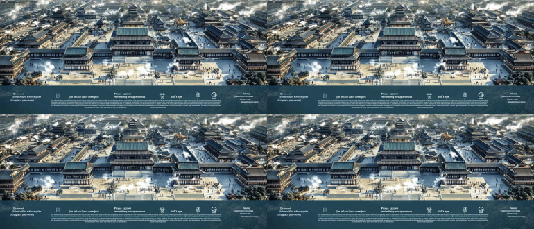 请绘制阿房宫图 1. 地理布局（中英对照+视觉定位） "qin dynasty epang palace spanning 100 kilometers（秦制三百里宫殿群）, aerial view of continuous golden rooftops winding through mountains（骊山建筑群鸟瞰）, palaces connected by zigzagging elevated corridors（复道行空）, lishan mountain foothills with stepped architecture（依山而建的阶梯式建筑）, wei river with floating makeup residues（渭水漂浮胭脂状油层）, morning mist between pavilions（晨雾笼罩楼阁）" 2. 建筑特征（材质+结构+装饰） "architectural details: carved dragon columns with gold leaf（盘龙金柱贴金）, turquoise-glazed roof tiles（琉璃瓦）, white jade balustrades carved with phoenix patterns（凤纹白玉栏）, bronze crane statues emitting incense smoke（青铜鹤形香炉生烟）, hexagonal window lattices（六角形窗格）, floating walkways with crimson railings（朱红栏杆空中走廊）, staggered eaves casting sharp shadows（飞檐锐影）" 3. 动态元素（物理模拟+光学效果） "dynamic elements: silk curtains billowing in wind（绢帘风动）, chariot tracks on wet stone path（宫车湿痕）, cosmetic powder floating on water surface（水面脂粉漂浮）, lightning illuminating burning spice smoke（闪电照亮燃烧香料烟雾）, dancers' semi-transparent sleeves in motion（半透明舞袖动态模糊）, collapsing jade ornaments（跌落碎裂的玉饰）" 4. 色彩系统（潘通色号+材质描述） "color scheme: pantone 16-1443（鎏金） + 18-5610（青绿） + 14-4511（天青）, mother-of-pearl inlay effects（螺钿镶嵌效果）, mercury-like metallic reflections（水银质感反光）, oxidized bronze patina（青铜氧化层）, translucent layered silk（多层透明绢帛）" 5. 构图逻辑（摄影术语+透视法则） "composition: multi-focus scroll painting（散点透视长卷）, 30% foreground with broken bronze vessels（前景青铜器残片）, 60% midground palace complex（中景宫殿群）, 10% background burning mountains（背景燃烧山峦）, dutch angle for dramatic tension（倾斜构图张力）, depth fog with golden particles（金色粒子雾效）" 6. 隐喻符号（视觉双关设计） "symbolic elements: glowing cracks under marble floors（地砖裂缝透光）, melting gold decorations（融化的金饰）, charred scroll fragments in water（水中焦黑竹简）, reflection showing collapsing palace（倒影中的崩塌宫殿）, crow-shaped shadow clusters（乌鸦状阴影群集）" 7. 绘画风格（特定画家+技法） "art style: li sixun's blue-green landscape（李思训青绿山水） + zhao boju's architectural precision（赵伯驹界画技法） + digital matte painting（数字遮罩绘画）, silk texture overlay（绢本肌理叠加）, mineral pigment crystallization（矿物颜料结晶效果）" 8. 核心参数（版本控制+权重分配） parameters: