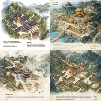 请绘制阿房宫图（不需要在图像上标注文字！） 1. 地理布局（中英对照+视觉定位） "qin dynasty epang palace spanning 100 kilometers（秦制三百里宫殿群）, aerial view of continuous golden rooftops winding through mountains（骊山建筑群鸟瞰）, palaces connected by zigzagging elevated corridors（复道行空）, lishan mountain foothills with stepped architecture（依山而建的阶梯式建筑）, wei river with floating makeup residues（渭水漂浮胭脂状油层）, morning mist between pavilions（晨雾笼罩楼阁）" 2. 建筑特征（材质+结构+装饰） "architectural details: carved dragon columns with gold leaf（盘龙金柱贴金）, turquoise-glazed roof tiles（琉璃瓦）, white jade balustrades carved with phoenix patterns（凤纹白玉栏）, bronze crane statues emitting incense smoke（青铜鹤形香炉生烟）, hexagonal window lattices（六角形窗格）, floating walkways with crimson railings（朱红栏杆空中走廊）, staggered eaves casting sharp shadows（飞檐锐影）" 3. 动态元素（物理模拟+光学效果） "dynamic elements: silk curtains billowing in wind（绢帘风动）, chariot tracks on wet stone path（宫车湿痕）, cosmetic powder floating on water surface（水面脂粉漂浮）, lightning illuminating burning spice smoke（闪电照亮燃烧香料烟雾）, dancers' semi-transparent sleeves in motion（半透明舞袖动态模糊）, collapsing jade ornaments（跌落碎裂的玉饰）" 4. 色彩系统（潘通色号+材质描述） "color scheme: pantone 16-1443（鎏金） + 18-5610（青绿） + 14-4511（天青）, mother-of-pearl inlay effects（螺钿镶嵌效果）, mercury-like metallic reflections（水银质感反光）, oxidized bronze patina（青铜氧化层）, translucent layered silk（多层透明绢帛）" 5. 构图逻辑（摄影术语+透视法则） "composition: multi-focus scroll painting（散点透视长卷）, 30% foreground with broken bronze vessels（前景青铜器残片）, 60% midground palace complex（中景宫殿群）, 10% background burning mountains（背景燃烧山峦）, dutch angle for dramatic tension（倾斜构图张力）, depth fog with golden particles（金色粒子雾效）" 6. 隐喻符号（视觉双关设计） "symbolic elements: glowing cracks under marble floors（地砖裂缝透光）, melting gold decorations（融化的金饰）, charred scroll fragments in water（水中焦黑竹简）, reflection showing collapsing palace（倒影中的崩塌宫殿）, crow-shaped shadow clusters（乌鸦状阴影群集）" 7. 绘画风格（特定画家+技法） "art style: li sixun's blue-green landscape（李思训青绿山水） + zhao boju's architectural precision（赵伯驹界画技法） + digital matte painting（数字遮罩绘画）, silk texture overlay（绢本肌理叠加）, mineral pigment crystallization（矿物颜料结晶效果）" 地理水文系统（双河动态） "two serpentine rivers converging at palace walls（双龙形河道交汇宫墙）, crystal-clear water with floating pearlescent foam（珍珠母色泡沫）, riverbed paved with bronze mirrors（河底青铜镜铺就）, stone arch bridge mimicking dragon spine（龙脊状石拱桥）, bridge piers carved as clawed feet（桥墩龙爪雕刻）, rainbow-hued mist above arched corridors（复道虹色雾气）" 建筑超现实表现（空间悖论） "impossible architecture: floating corridors intersecting at 45°（45度交叉悬浮走廊）, inverted pagodas reflected in ponds（倒影生成倒立楼阁）, telescoping towers piercing clouds（穿云伸缩式塔楼）, 1000 layered gates extending to horizon（千重门延伸至地平线）, vibrating curtains creating thermal distortion（帷幔热浪扭曲空间）" 气候分区可视化（光学把戏） "microclimate zones: golden sunlight beam on singing platform（歌台聚光灯效应）, blue-tinted blizzard around dance hall（舞殿暴风雪色罩）, floating cherry blossoms in spring section（春日区悬浮樱花）, autumn maple leaves burning in mid-air（秋日区枫叶自燃）, real-time weather transition gradients（渐变天气分界线）" 人物群像引擎（时空切片） "3000 concubines in unified motion: •mirror field with light beams shooting skyward（镜阵光束射向天空） •floating hair forming nebula patterns（发髻星云化） •cosmetic powder snowing from balconies（脂粉雪飘落） •frozen waiting postures with growing ivy（藤蔓缠绕静立者） •chariot light trails piercing through crowds（宫车光轨穿行）" 珍宝物理解算（破坏美学） "physics-based treasure piles: •jade slabs cracking marble floors（玉板压裂地砖） •gold ingots melting into mercury streams（金锭汞河） •pearl avalanche from overloaded bronze tripods（铜鼎珍珠雪崩） •torn silk scrolls orbiting bronze censers（残简绕香炉旋转） •oxidizing bronze coins forming river delta（铜钱氧化沉积三角洲）" 时间维度暗示（衰变算法） "temporal markers: •fresh makeup stains vs mossy stains（新旧胭脂渍对比） •sharp new murals vs peeling old murals（壁画新旧剥落） •floating dust layers in stratified lighting（分层照明显尘积） •growing cracks mapping to palace layout（裂缝随建筑结构蔓延） •partial collapse revealing steel framework（崩塌处暴露钢铁骨骼）" ________________________________________ 专项强化策略： 1.双河系统： o用"serpentine rivers"（蛇形河）+"converging"（交汇）实现"二川溶溶" o添加"pearlescent foam"（珠光泡沫）映射"渭流涨腻" o"bronze mirror riverbed"（青铜镜河床）触发水面多层反射 2.长桥虹道： o"dragon spine bridge"（龙脊桥）对应"未云何龙" o"rainbow-hued mist"（虹雾）实现"不霁何虹" o桥体设置"light diffraction grating"（光栅衍射）产生物理虹彩 3.气候悖论： o用剧院灯光术语"spotlight effect"（聚光效应）表现"春光融融" o"blue-tinted blizzard"（蓝调暴风雪）对应"风雨凄凄" o添加"microclimate transition"（小气候过渡）强化"气候不齐" 4.动态宫车： o"chariot light trails"（宫车光轨）实现"雷霆乍惊" o设置"motion blur on marble dust"（大理石粉尘动态模糊）表现"辘辘远听" o添加"vanishing perspective lines"（消失透视线）暗示"杳不知其所之" 5.珍宝物化： o用"physics-based"（物理模拟）触发midjourney的刚体动力学算法 o"avalanche"（雪崩）、"melting"（融化）等词强化"弃掷逦迤" o"oxidizing coins"（氧化铜钱）暗示时间流逝 生成路线图： 1.使用基础参数生成建筑框架 2.添加"