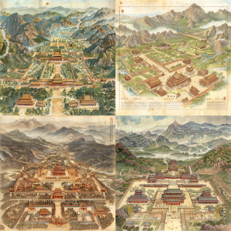 请绘制阿房宫图（不需要在图像上标注文字！） 地理布局 宫殿规模与范围：阿旁宫规模宏大，从渭南到咸阳，覆盖三百余里，遮天蔽日。它从骊山北边建起，折而向西，一直通到咸阳。整个宫殿群如同一条巨龙蜿蜒在山川之间，展现出磅礴的气势。 建筑群分布与连接：宫殿建筑群密集，五步一楼，十步一阁，走廊长而曲折，像人的腰部一样萦绕回旋。突起的檐角尖耸，犹如禽鸟仰首啄物。各座宫殿楼阁随地形而建，彼此环抱呼应，结构参差错落，精巧工致。整个建筑群盘旋曲折，像密集的蜂窝，像激流的漩涡，高高地矗立着，不知道有几千万座。 自然景观与宫殿融合：阿旁宫依山傍水，渭水和樊川缓缓流动，流进宫墙之内。骊山的山势与阿旁宫的建筑相互映衬，形成了一幅壮丽的山水画卷。远处的山峦连绵起伏，近处的河流蜿蜒曲折，环绕着宫殿，增添了景色的层次感和美感。 建筑特征 材质与装饰：阿旁宫的建筑材质优良，木材经过精细加工，表面光滑，纹理清晰；石材坚硬，雕刻精美，展现出精湛的工艺。建筑装饰华丽，金碧辉煌。朱红色的柱子和墙壁，衬托出宫殿的华丽与威严。琉璃瓦在阳光下闪闪发光，增添了宫殿的壮丽。雕刻的龙柱贴着金箔，闪耀着金色的光芒；翠绿色的琉璃瓦片，为宫殿增添了一抹清新与华丽；白玉栏杆上雕刻着精美的凤凰图案，栩栩如生；青铜鹤形香炉生出袅袅香烟，为宫殿增添了一份神秘与庄重。 结构与细节：建筑结构复杂而精巧，复道行空，宫殿之间通过各种走廊、桥梁相连，形成一个有机的整体。六角形的窗格设计独特，既美观又实用。飞檐锐影，檐角高翘，给人一种灵动轻盈的感觉。 江河山川布局 河流与湖泊：渭水和樊川是阿旁宫的重要水系，它们不仅为宫殿提供了水源，还增添了景色的美感。河流在宫殿周围缓缓流淌，水面上漂浮着一些胭脂状的油层，那是宫女们梳妆时留下的痕迹。此外，还有一些人工开凿的湖泊和水池，它们与自然河流相互贯通，形成了一个完整的水系。 桥梁与水景：在河流之上，建有一些精美的桥梁，如龙脊状的石拱桥，桥墩雕刻着龙爪，仿佛要抓住桥身，展现出高超的建筑技艺。桥下的河水清澈见底，河底铺满了青铜镜，阳光照射下，波光粼粼。此外，还有一些瀑布和溪流，它们从高处落下，形成动态的水景，为宫殿增添了生机与活力。 人物安排 宫女与妃嫔：阿旁宫内人物众多，有妃嫔媵嫱、王子皇孙等，他们辞别自己的楼阁宫殿，乘坐辇车来到秦国。宫女们早上梳妆打扮，镜子像明星一样明亮，头发像绿云一样柔顺。她们焚香袅袅，香气弥漫整个宫殿。宫女们姿态万千，容貌娇美，站在远处，盼望着皇帝的宠幸。还有一些宫女，因为长期得不到皇帝的召见，等待了三十六年。她们或在窗前梳妆，或在庭院中漫步，或在阁楼中静坐，各自展现出不同的神态和情感。 帝王与侍从：帝王身着华丽的服饰，威严而庄重，他或在殿中处理政务，或在后宫享乐。侍从们各司其职，有的在殿外守卫，有的在殿内伺候，他们神情专注，动作敏捷，为宫殿的日常运作提供了保障。 色彩系统 主色调与搭配：阿旁宫的色彩鲜艳而丰富，以鎏金（pantone 16-1443）、青绿（pantone 18-5610）和天青（pantone 14-4511）为主色调。鎏金象征着权力与富贵，青绿代表着生机与活力，天青则增添了一份宁静与神秘。这三种颜色相互搭配，形成了一幅绚丽多彩的画面。 材质与色彩效果：在材质上，运用了螺钿镶嵌效果、水银质感反光、青铜氧化层等，使建筑表面在不同光线下呈现出丰富的色彩变化。例如，螺钿镶嵌在阳光下闪烁着珍珠般的光泽，水银质感的反光材质使建筑更具神秘感，青铜氧化层则为建筑增添了一份古朴与厚重。 构图逻辑 整体构图：采用散点透视长卷的构图方式，将阿旁宫的宏大场景完整地展现出来。画面前景放置一些青铜器残片，中景是宫殿建筑群，背景则是燃烧的山峦，形成一个由近及远、层次分明的画面。 细节处理：在构图中，运用倾斜构图增加画面的张力，使画面更具动感和视觉冲击力。同时，加入金色粒子雾效，使画面更具梦幻般的氛围。 隐喻符号 建筑与装饰的隐喻：阿旁宫的建筑和装饰中蕴含着丰富的隐喻符号。例如，地砖裂缝透光，象征着宫殿的衰败与脆弱；融化的金饰暗示着奢华背后的不稳定；水中焦黑的竹简反映了文化的传承与毁灭；倒影中的崩塌宫殿则寓意着阿旁宫的最终命运。 自然景观的隐喻：自然景观也具有隐喻意义。例如，乌鸦状的阴影群集，象征着不祥与死亡；燃烧的山峦暗示着战争与灾难的临近。 绘画风格 艺术风格融合：绘画风格融合了李思训的青绿山水、赵伯驹的界画技法以及数字遮罩绘画等多种艺术风格。在表现山水时，采用青绿山水的技法，使画面色彩鲜艳、层次丰富；在描绘建筑时，运用界画技法，精确地表现出建筑的结构和细节；同时，结合数字遮罩绘画，增强画面的整体效果和细节表现力。 材质与技法表现：在材质表现上，注重绢本肌理的叠加和矿物颜料结晶效果的运用。绢本肌理使画面具有柔和的质感，矿物颜料结晶效果则使画面更具质感和光泽感，增强了画面的艺术感染力。